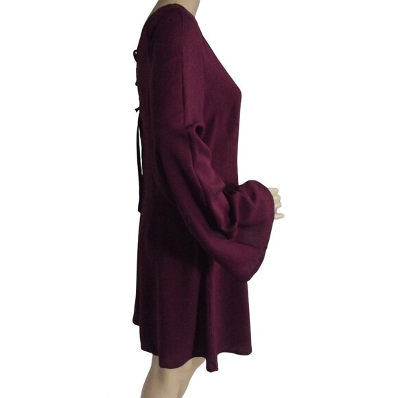 Altar'd State Dress Womens Size Medium Burgundy V-Neck lace up long bell sleeves - Picture 4 of 12
